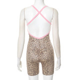 Leopard Print Bow Tie Suspenders With Cross Back Short Jumpsuit