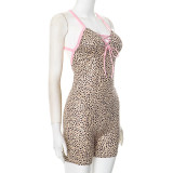 Leopard Print Bow Tie Suspenders With Cross Back Short Jumpsuit