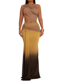 Sexy Gradient Color Hollow Out Asymmetrical Collar Evening Dresses