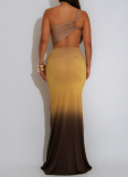 Sexy Gradient Color Hollow Out Asymmetrical Collar Evening Dresses