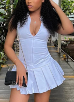 White Sexy Sleeveless Lapel Zipper Temperament Casual Pleated Dress