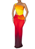 Sexy Gradient Color Hollow Out Asymmetrical Collar Evening Dresses