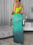 Sexy Gradient Color Hollow Out Asymmetrical Collar Evening Dresses