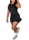 Casual Solid Color Strap Design O Neck Sleeveless Two Pieces