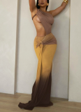 Sexy Gradient Color Hollow Out Asymmetrical Collar Evening Dresses