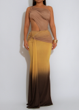 Sexy Gradient Color Hollow Out Asymmetrical Collar Evening Dresses