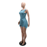 Casual Solid Color Strap Design O Neck Sleeveless Two Pieces
