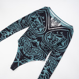 Abstract Print Round Neck Long-sleeved Jumpsuit and Leggings Two-piece Set