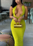 Sexy Slim Fit Deep V-Neck Metal Halter Long Dress