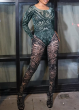 Abstract Print Round Neck Long-sleeved Jumpsuit and Leggings Two-piece Set