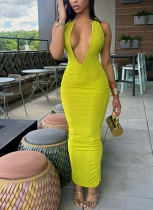 Sexy Slim Fit Deep V-Neck Metal Halter Long Dress