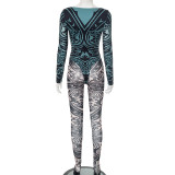 Abstract Print Round Neck Long-sleeved Jumpsuit and Leggings Two-piece Set