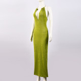 Sexy Slim Fit Deep V-Neck Metal Halter Long Dress