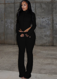 Slim-Fit Pleated Zipper Solid Color Navel-Baring Long-Sleeved Stand-Up Collar Top Loose Trousers Two-Piece Set