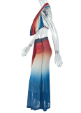 Mesh Holiday Leisure Refreshing Swing Neck Open Back Gradient Color Long Skirt Two Piece Set