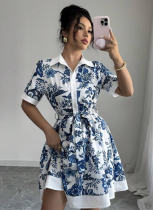 Summer Simple And Fashionable Waist Printed Tie Short-Sleeved Dress For Women