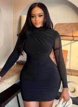 Black Round Neck Long Sleeve Hip Dress