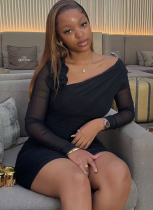 Slim Fit Elegant Slant Collar Long Sleeves Short Hip-Wrapped Dress