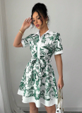 Summer Simple And Fashionable Waist Printed Tie Short-Sleeved Dress For Women