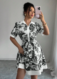 Summer Simple And Fashionable Waist Printed Tie Short-Sleeved Dress For Women