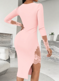 Autumn Solid Color Hip-Wrapped Lace Stitching Slit Dress For Women