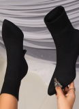 Autumn And Winter New Korean Style Fashion Pointed Toe Mid-Heel Knitted Stretch Ankle Boots