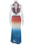 Mesh Holiday Leisure Refreshing Swing Neck Open Back Gradient Color Long Skirt Two Piece Set