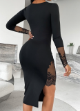 Autumn Solid Color Hip-Wrapped Lace Stitching Slit Dress For Women