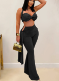 Sexy Solid Color Backless Halter Sleeveless Two Pieces