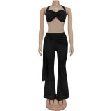Sexy Solid Color Backless Halter Sleeveless Two Pieces