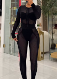 Casual Solid Color Mesh Zipper O Neck Long Sleeve Two Pieces