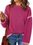 Women'S Autumn And Winter Round Neck Loose Long Sleeve Contrast Color Knitted Pullover Sweater