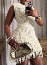 Sexy Solid Color Fringed Trim O Neck Wrapped Skirt Dresses