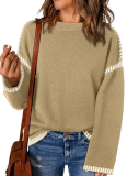 Women'S Autumn And Winter Round Neck Loose Long Sleeve Contrast Color Knitted Pullover Sweater