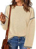 Women'S Autumn And Winter Round Neck Loose Long Sleeve Contrast Color Knitted Pullover Sweater