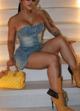 Fashion Retro Wrapped Chest Style Single-breasted Stretch Washed Denim Skirt Suit