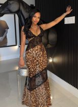 Leopard Print Lace Deep V Strap Fishtail Maxi Dress