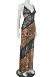 Leopard Print Lace Deep V Strap Fishtail Maxi Dress