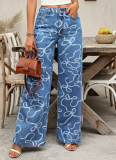 Fashionable And Versatile Casual Loose Wide-Leg Printed Denim Trousers