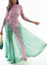 2025 Autumn Mesh Round Neck Contrast Color Loose Waist Long Sleeve Printed Dress