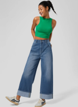 Fashion High Waist Rolled Hem Straight Jeans Women'S Casual Wide Leg Pants