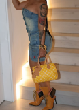Fashion Retro Wrapped Chest Style Single-breasted Stretch Washed Denim Skirt Suit