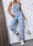 Blue Strap Ripped Denim Jumpsuit