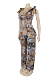 Street Polyester Bateau Neck Pattern Floral Sleeveless Two-piece Pants Set