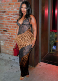 Leopard Print Lace Deep V Strap Fishtail Maxi Dress