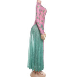 2025 Autumn Mesh Round Neck Contrast Color Loose Waist Long Sleeve Printed Dress