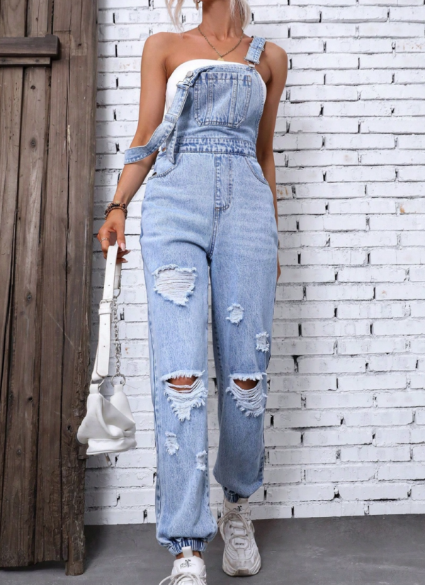 Blue Strap Ripped Denim Jumpsuit