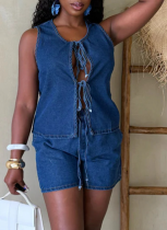 Fashionable Slim Fit Sleeveless High Waist Women'S Vest Denim Shorts Two-Piece Set