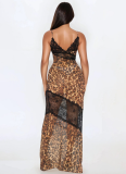 Leopard Print Lace Deep V Strap Fishtail Maxi Dress
