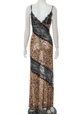 Leopard Print Lace Deep V Strap Fishtail Maxi Dress